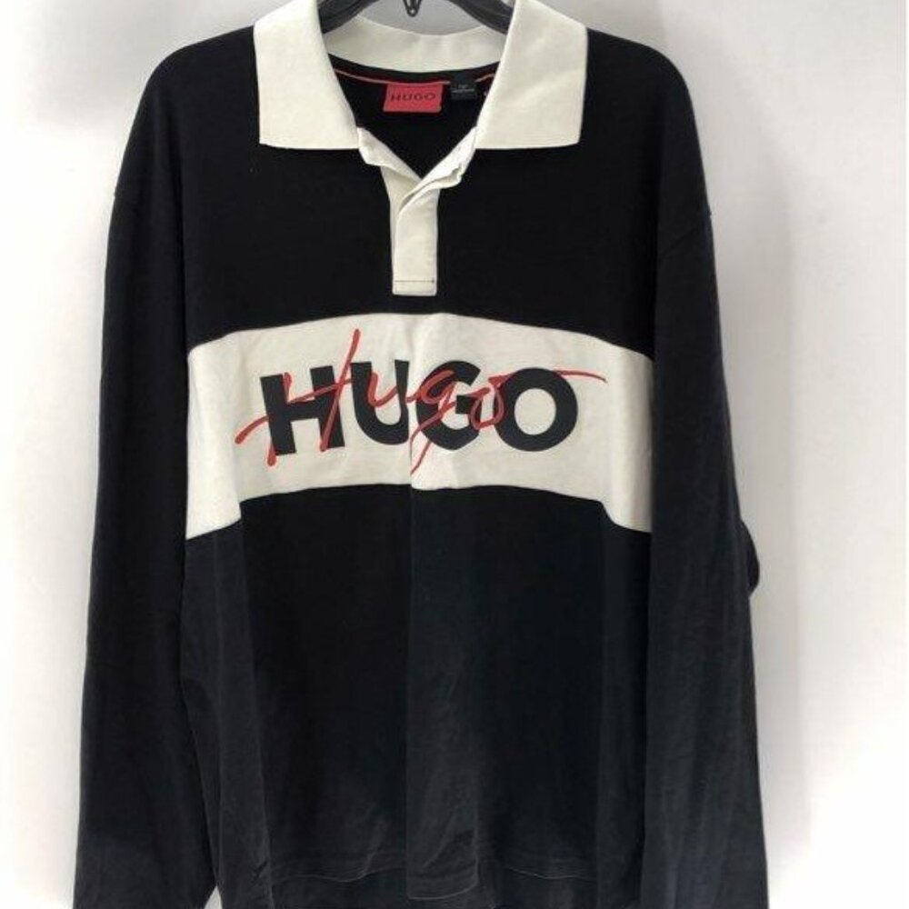 NWT Hugo Men's Black White Logo Long Sleeve Rugby Shirt  Size XL
